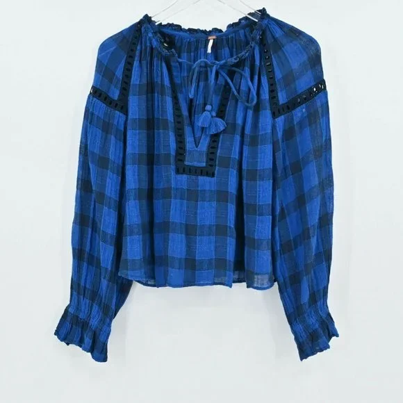 FREE PEOPLE Womens Size XS Honey Grove Blue Black Eyelet Ruffle Sleeve Plaid Top - Picture 2 of 9
